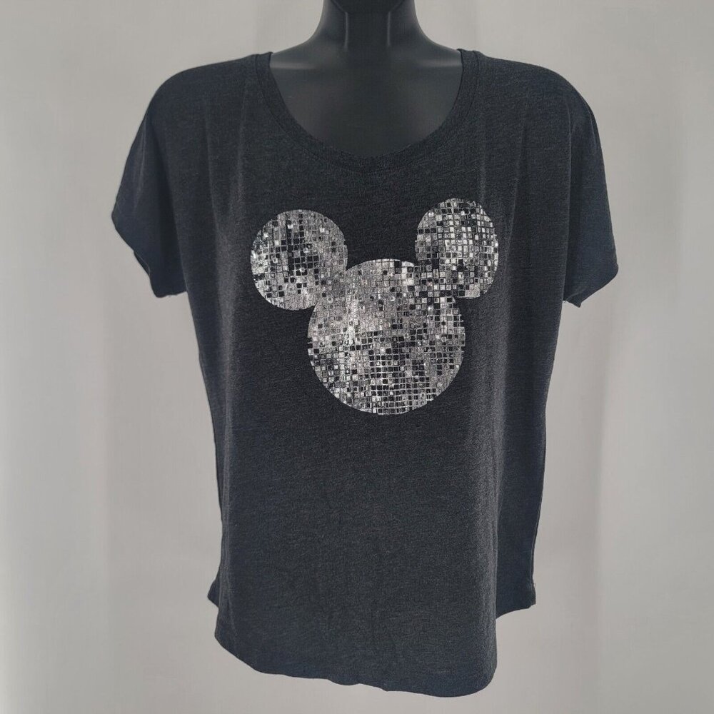 Disney Womens Small Gray Mickey Mouse Sequins Parks Short Sleeve Top Oversized